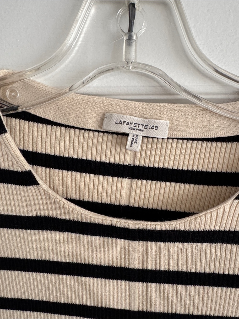 Lafayette 148 New York Cream and Black Striped Ribbed Crewneck Sweater